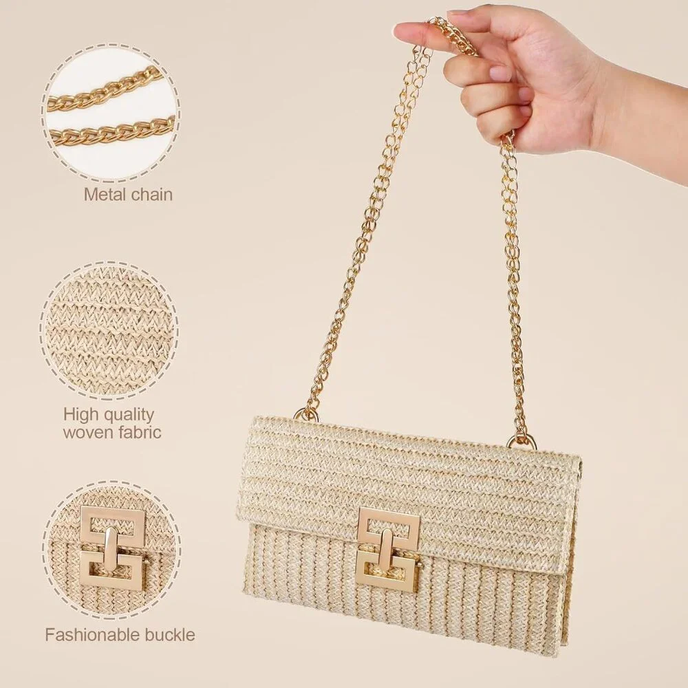 Straw Clutch Purse Crossbody Bag for Women Designer Evening Handbag Casual Summe - Picture 3 of 6